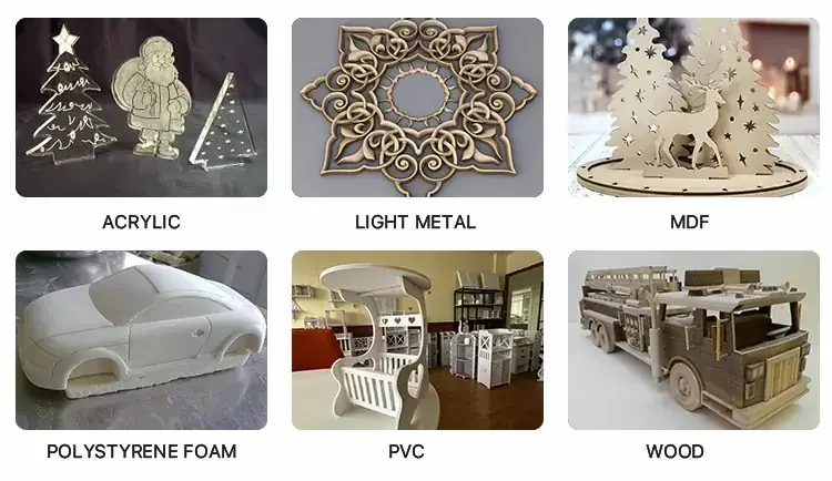 Examples of acrylic, light metal, MDF, foam, PVC and wood CNC routed products