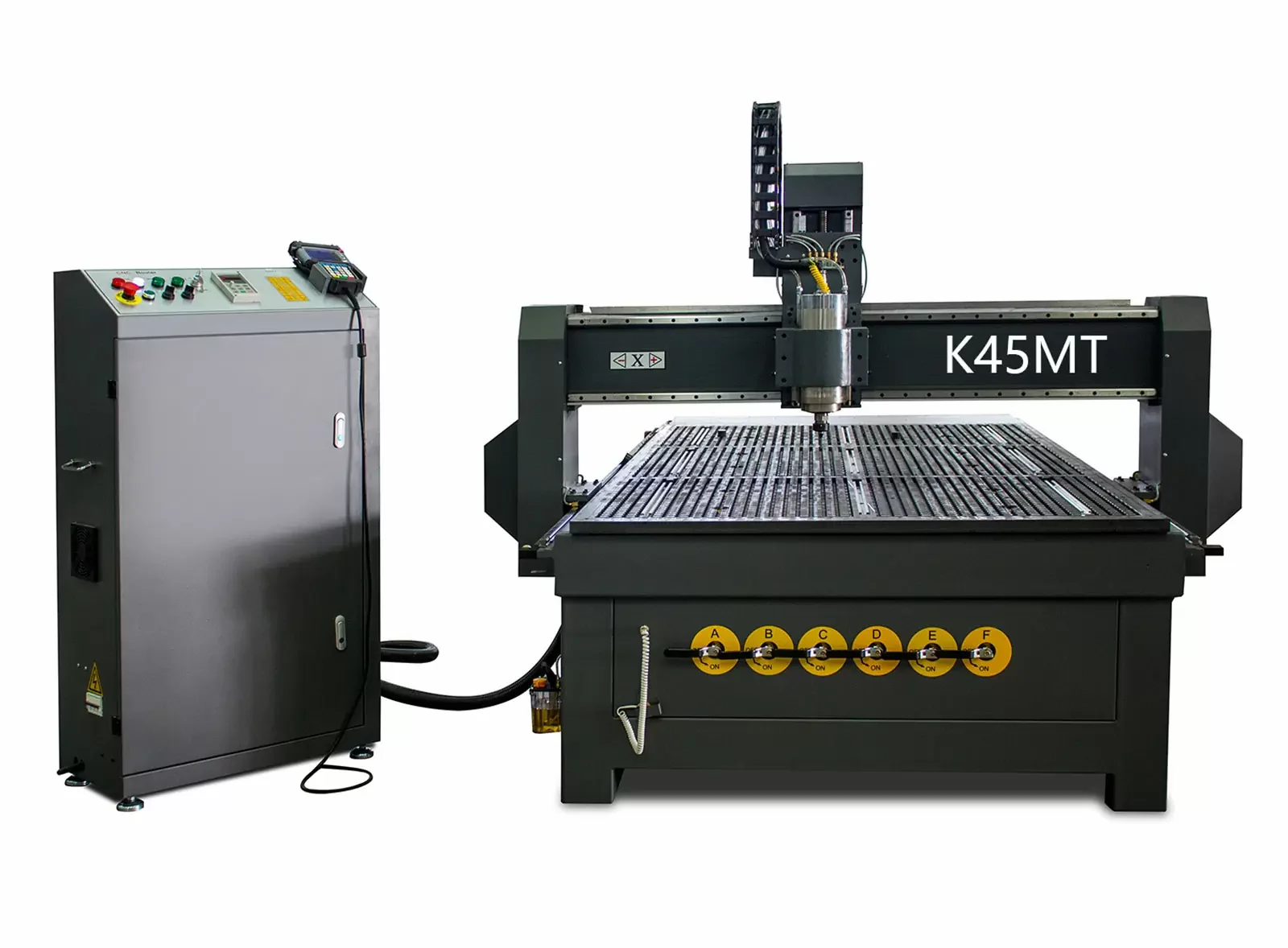 Front view of the K45MT showing the worktable and A-F vacuum-zone controls