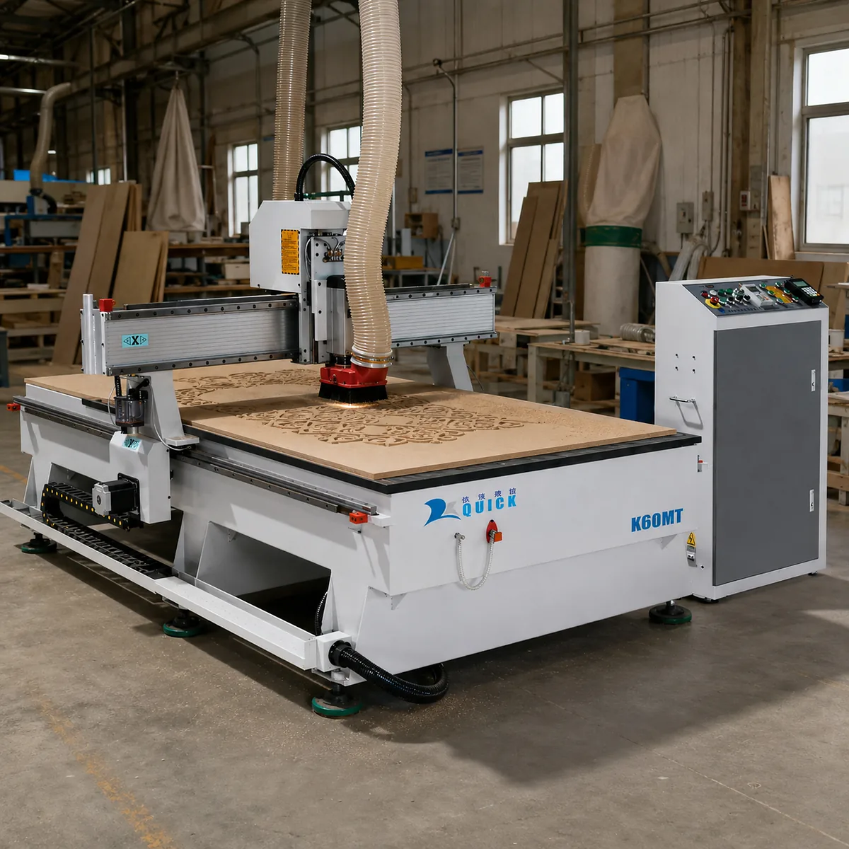 K60MT CNC router cutting a wood panel in a factory workshop