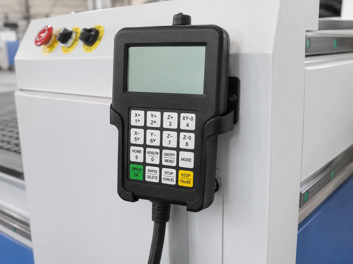 Close-up of the handheld controller on the KK-1325 CNC router