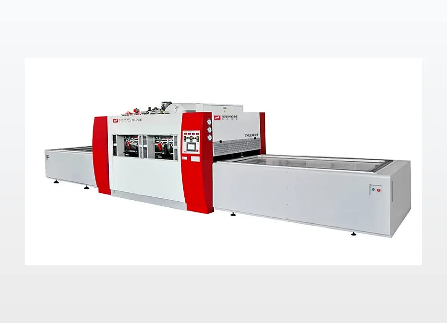 Twin-table vacuum hot press layout for cabinet door production