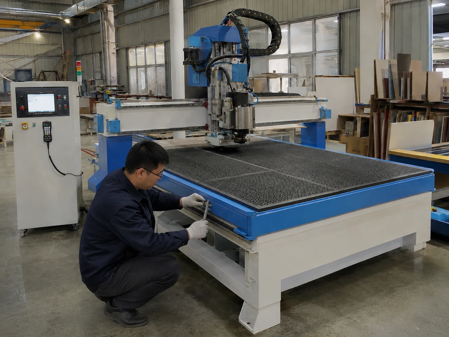 Technician checking K1325 ATC CNC router before delivery