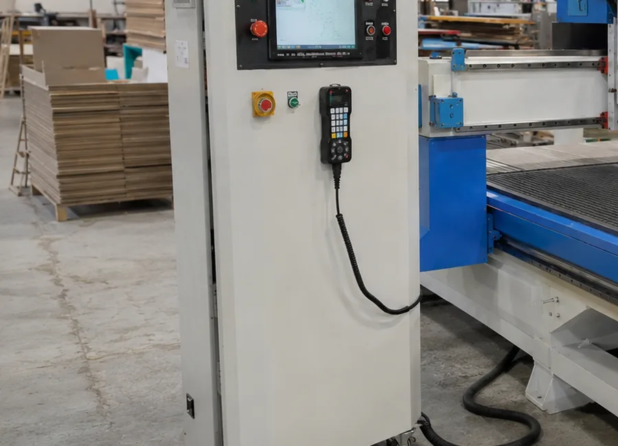 Machine-side control cabinet and handheld controller beside a CNC router