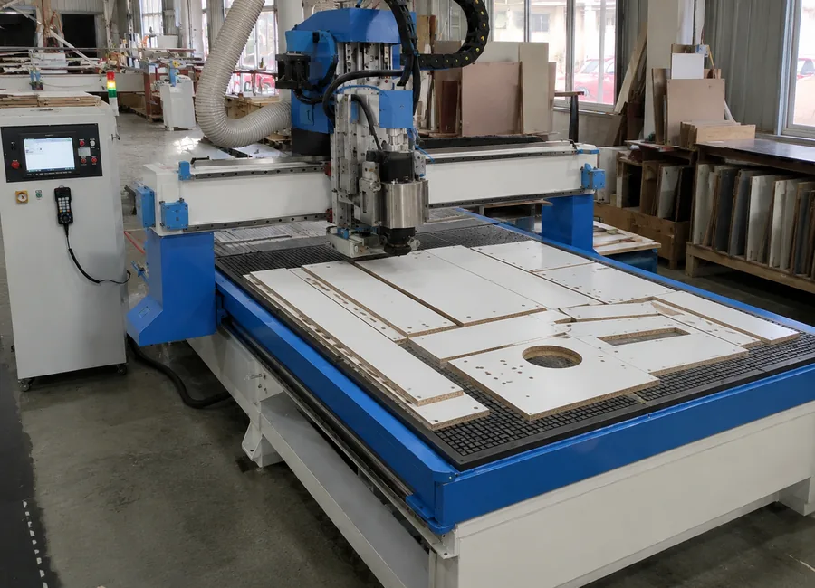 Heavy duty 1325 CNC router machining furniture panels in a woodworking workshop