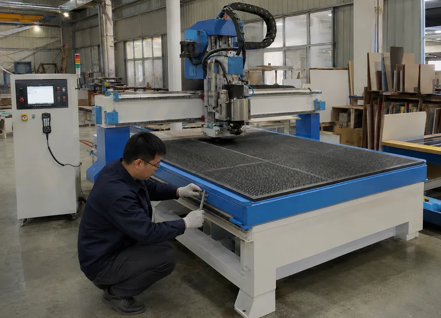 Technician inspecting a heavy duty CNC router before shipment