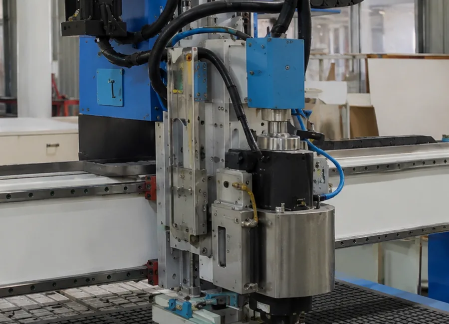 Single spindle routing head and gantry area on a heavy duty CNC router