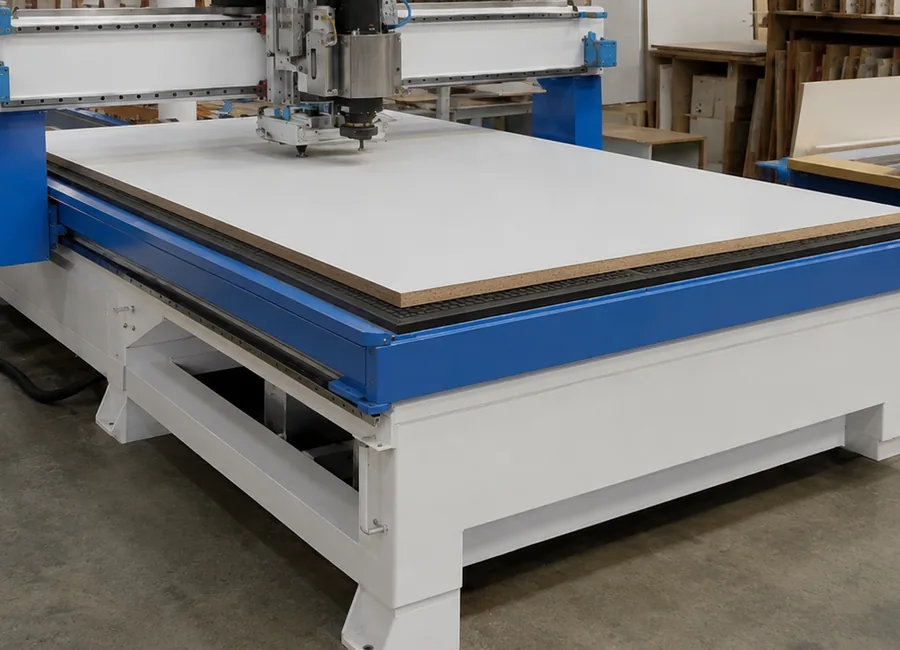 Vacuum worktable holding a full sheet on a heavy duty CNC router