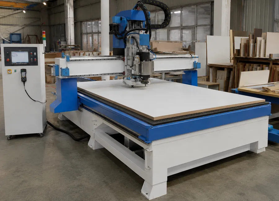 Heavy duty 1325 CNC router with sheet material in a woodworking workshop